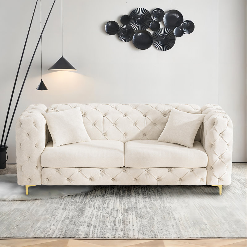 Winfriede Velvet Chesterfield Sofa 2 Seater Couch Mercer41 Upholstery Color Beige
